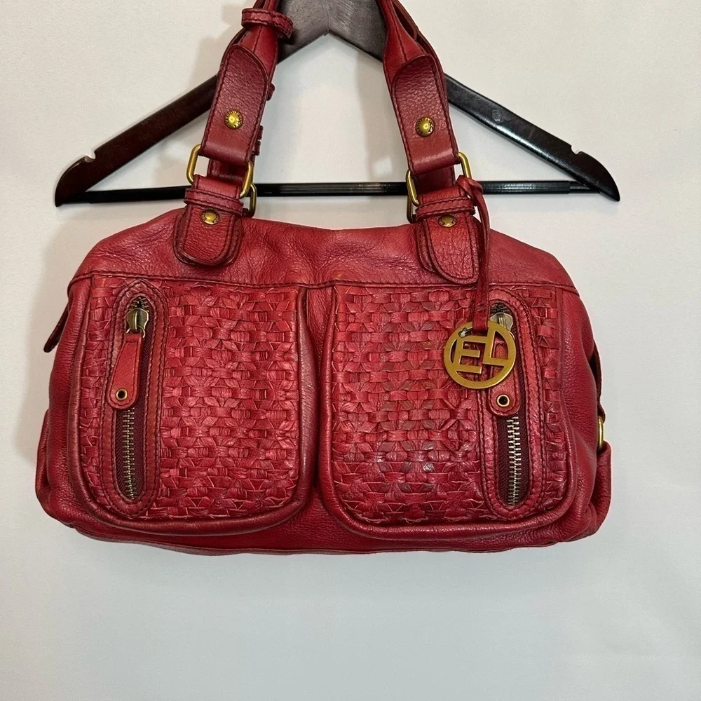 Elliott Lucca Womens Leather Hobo Handbag Shoulder Bag Weave Pockets Burgundy